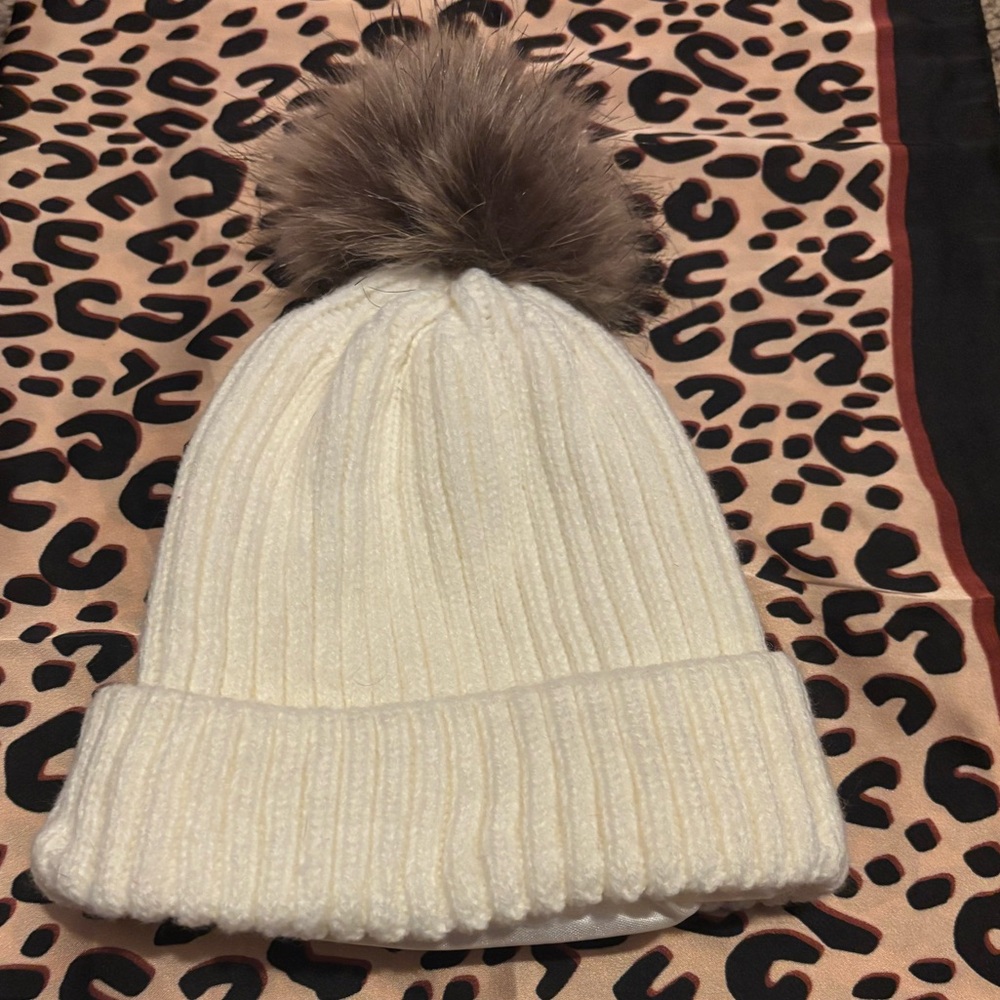 Silk Ivory Knit Beanie with Faux Fur Pom